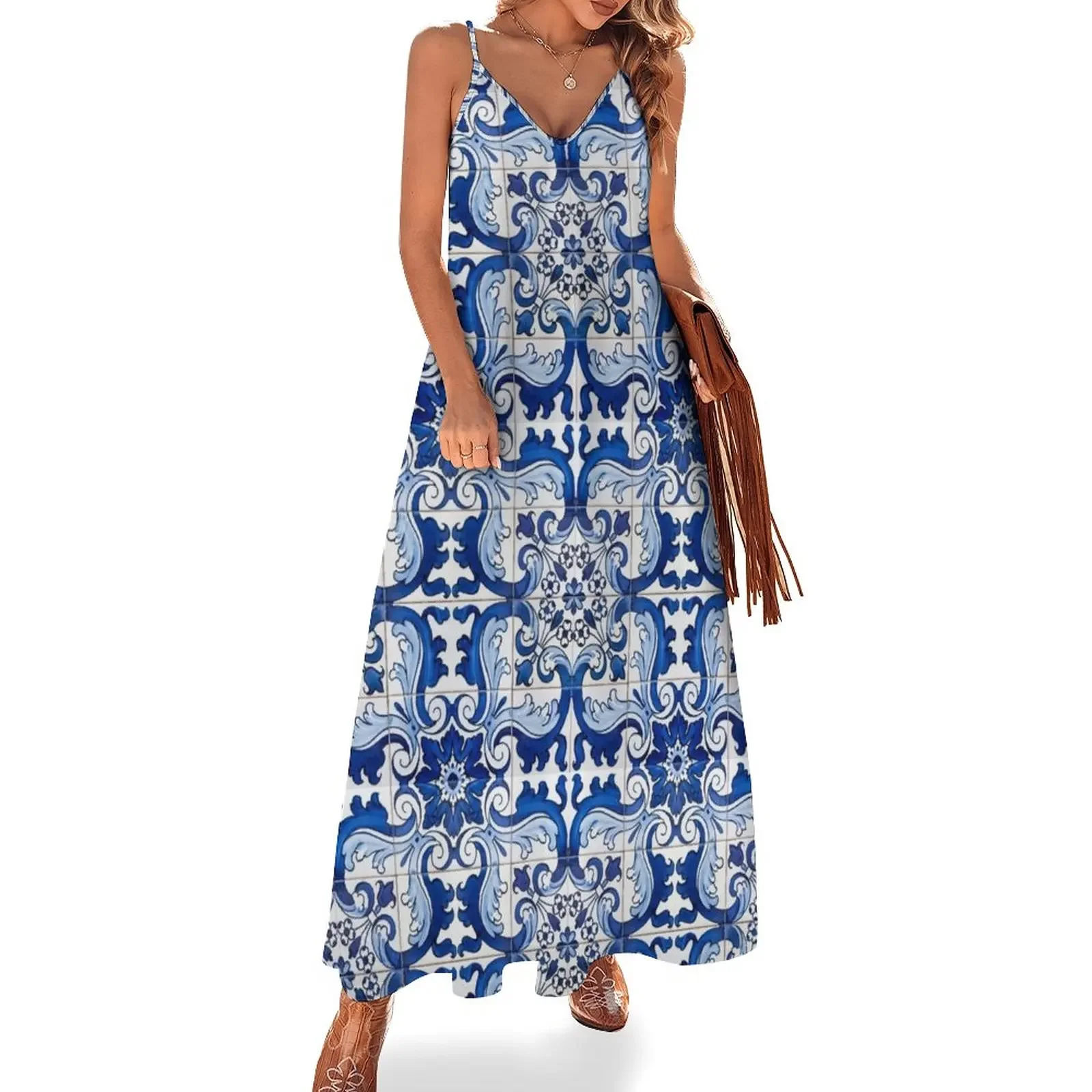 

Antique Classic Lisbon Blue Azulejo Tile Floral Pattern Sleeveless Dress clothing women summer 2025 Long dress woman Dress