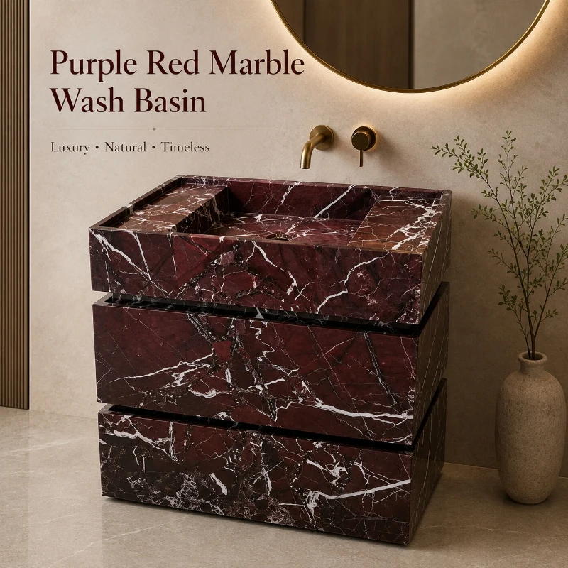 #￥Luxury Red Marble Freestanding Washbasin Rosso Levanto Rectangular Sinks with Cabinet Stone Vanity for Bathroom Decor