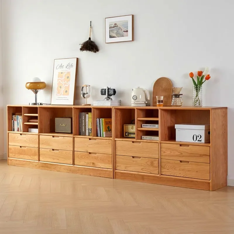 North American Oak Solid Wood Floor to Ceiling Low Bookshelf with TV Cabinet Combo Lattice Storage for Porch Living Room