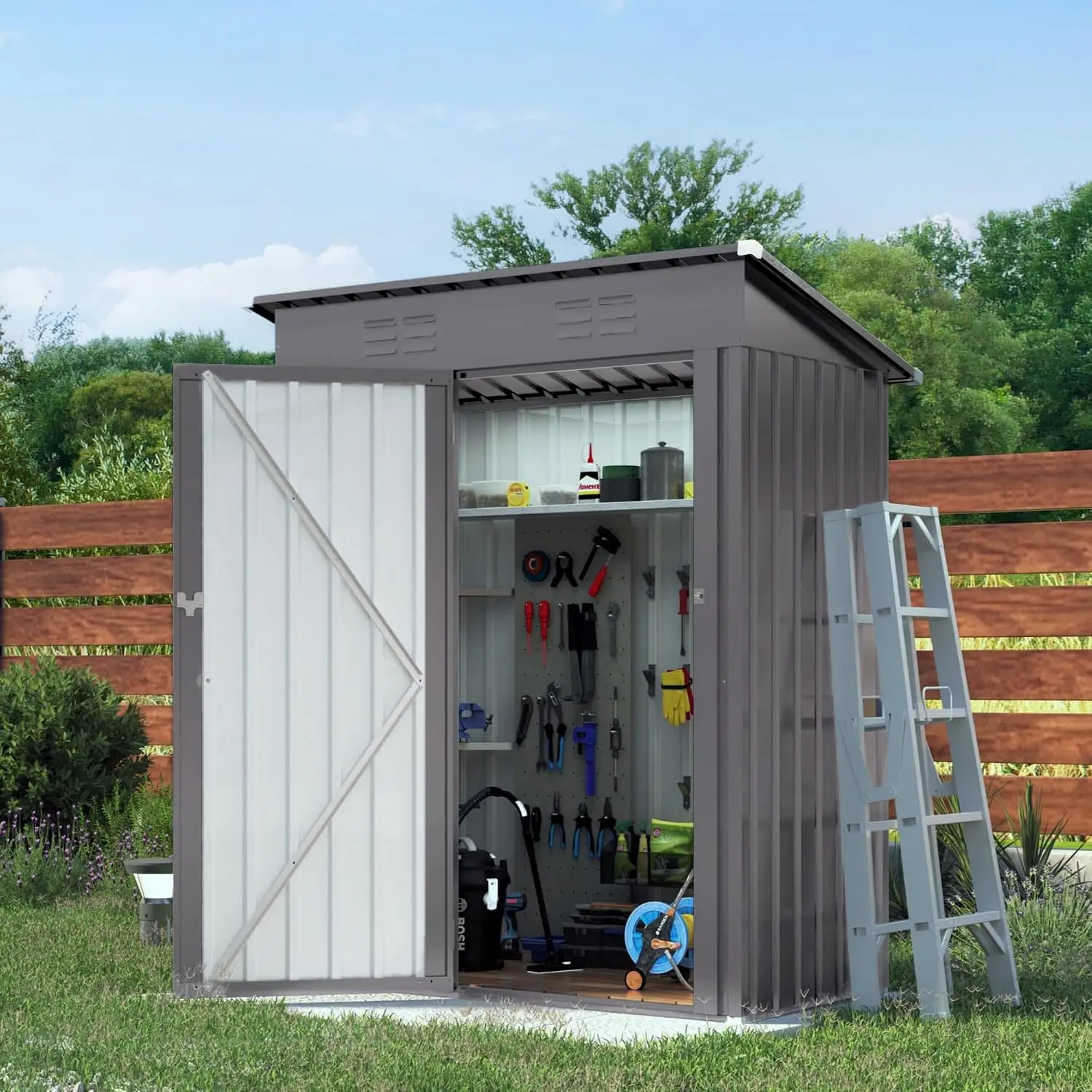 Outdoor Storage Shed 5x3x6FT Galvanized Steel Lockable Door & Window Waterproof Metal Tool Storage Garden Backyard Patio, Custom