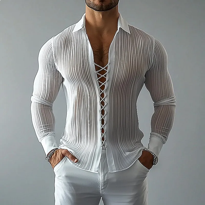 2026 Autumn Winter New Men's Turn-down Collar Lace-Up Shirt Hollow Out Texture Shirt
