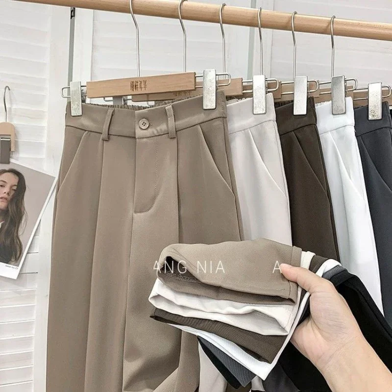 Mode elastische Hose mit hoher Taille Frauen Frühling lässig locker solide gerade Hose Büro Damen arbeiten neun Punkte Anzug Hose