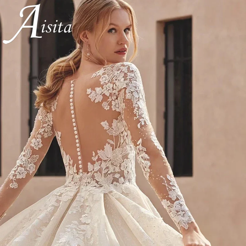 فستان زفاف على شكل قلب من الأورجانزا مع تطريز مزين بالدانتيل وأكمام طويلة وزر عروس مخصص فيستدو دي نوفيا #3