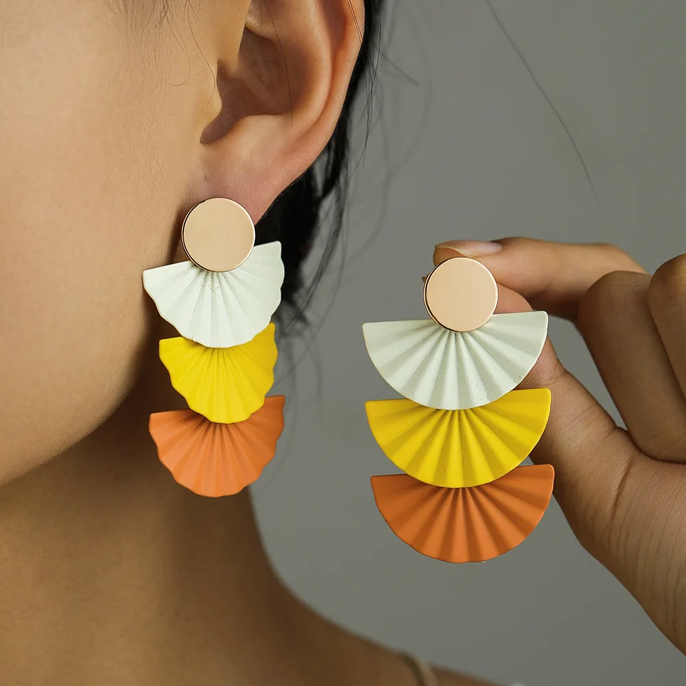 Colorful Geometric Earrings For Women Scalloped Color Clash Metal Eardrop Long Large Earring Wedding Jewelry Gifts