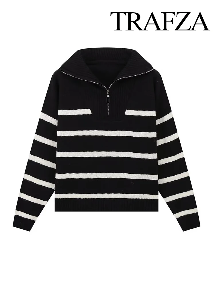 TRAFZA Women's Winter New Fashion Premium Zipper Striped Sweater Outwear Female Elegant Warm Long Sleeve Casual Pullover Sweater