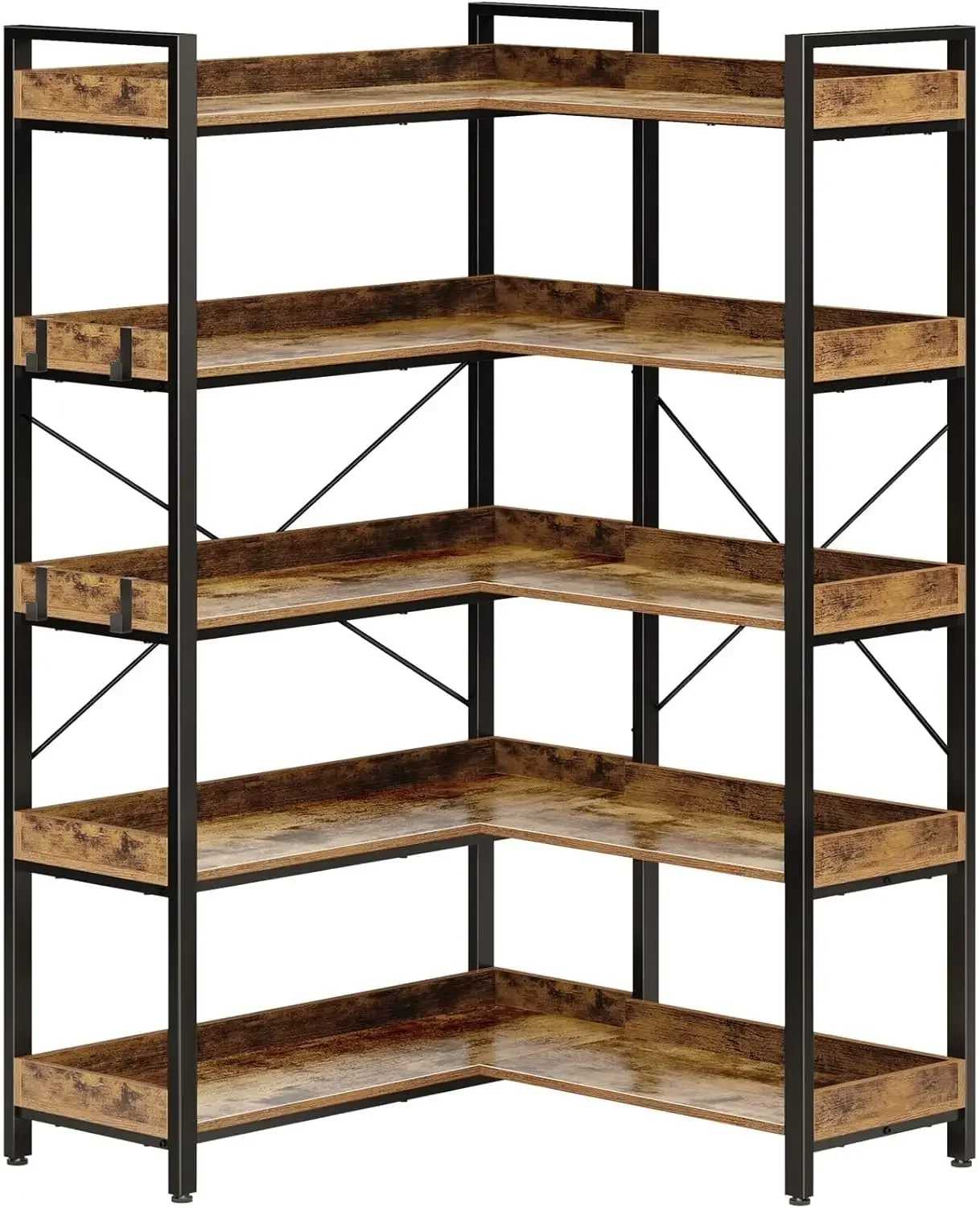 Bookshelf 5 Tier with 4 Hooks, Reversible Corner Bookshelf, 65