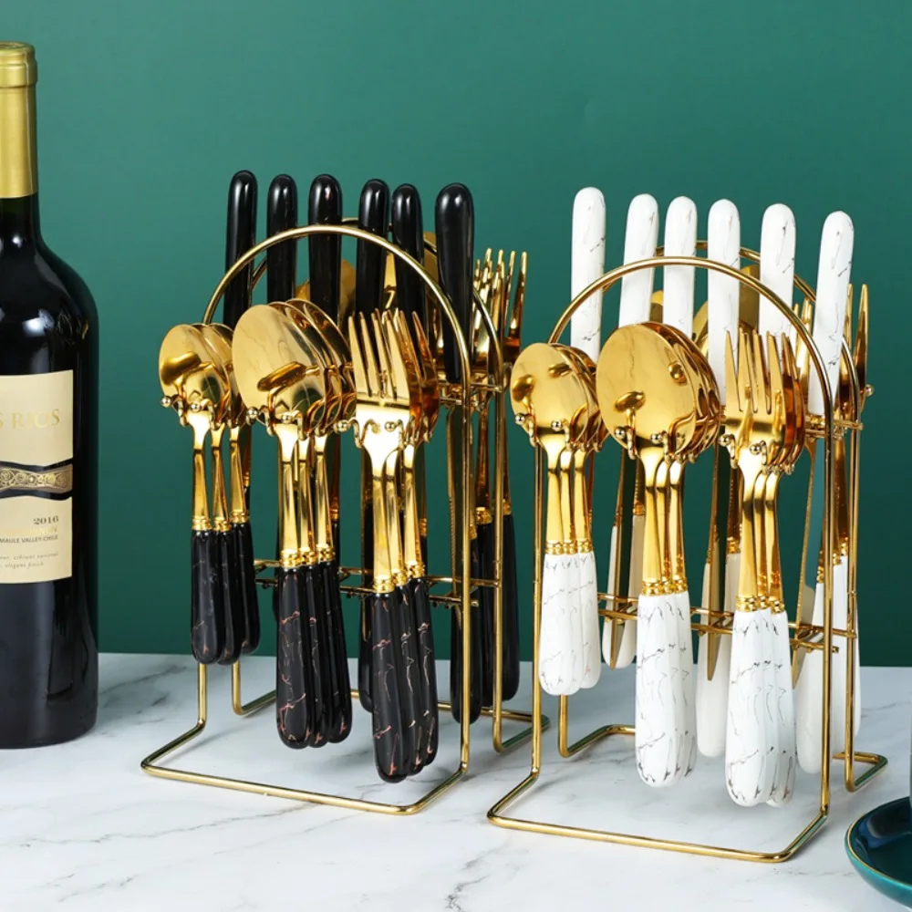 طقم أدوات مائدة رخامية من الفولاذ المقاوم للصدأ مكون من 24 قطعة مرآة مصقولة مع رف تخزين طقم أدوات مائدة عائلية على الطراز الشمالي #4