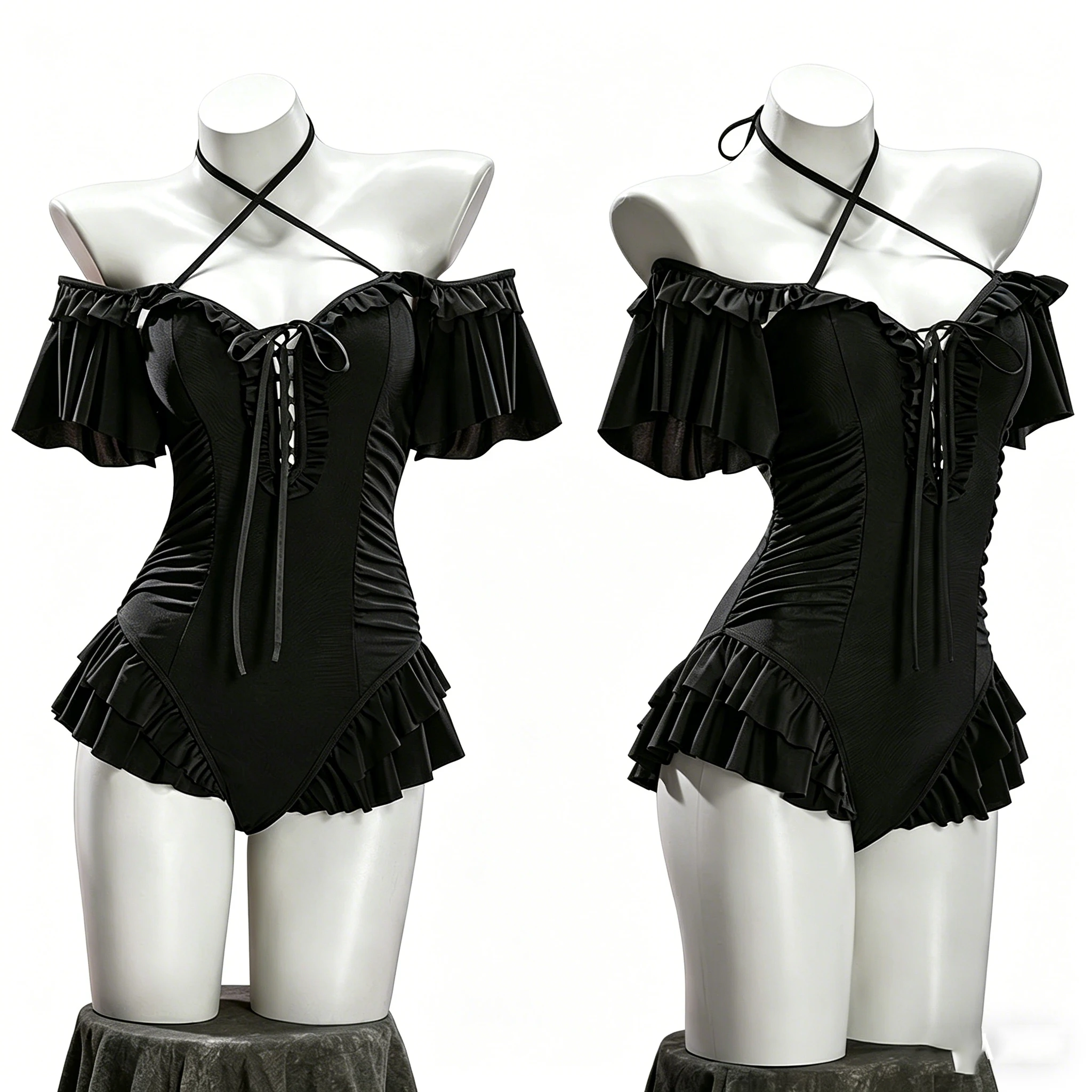 

Gothic Dark Vintage Ruffle One Piece Swimsuit Off Shoulder Halter Lace Up Tummy Control Bathing Suit for Women