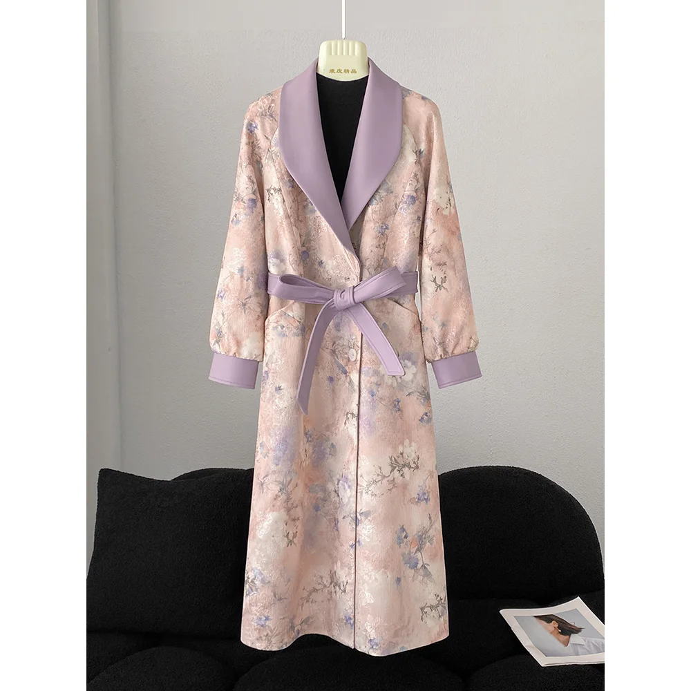 Mittellanger, mit Gürtel besetzter, bedruckter Trenchcoat aus echtem Leder mit Revers, 25, neuer Herbst-Einreiher, lila, eleganter Mantel