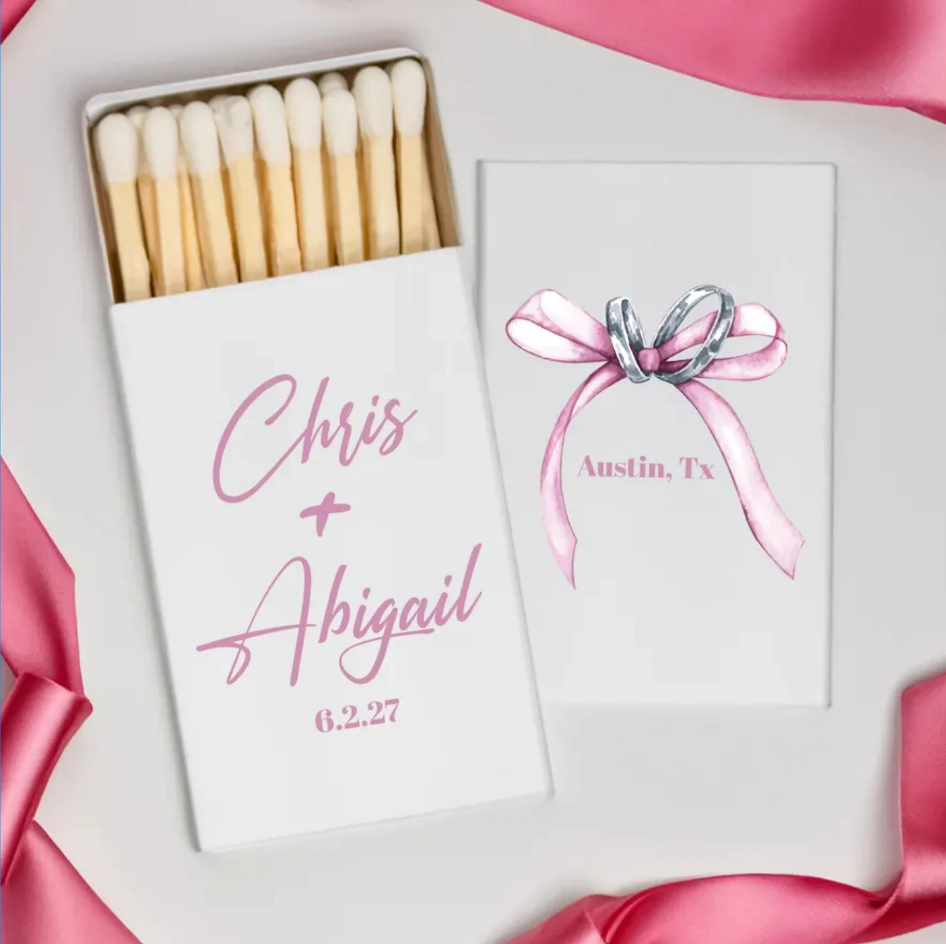 

Custom Wedding Matboxch, Personalized Matchboxes, Pink Bow Wedding Matchboxes| Custom Wedding Favors, Custom Matchboxes