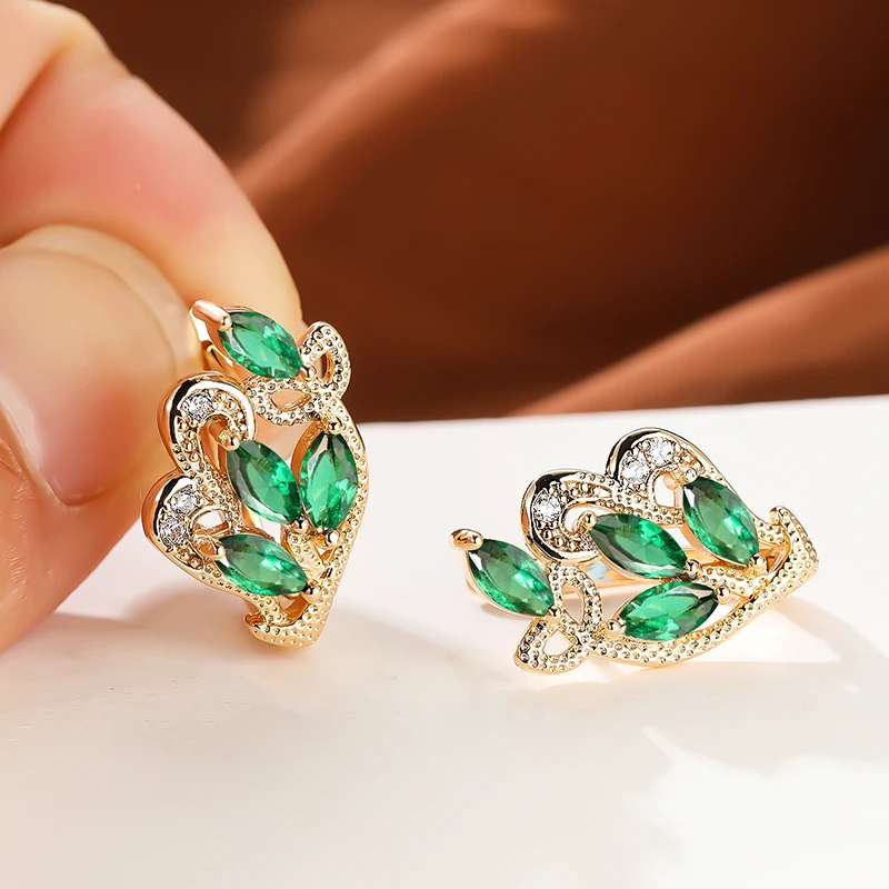 Trendy Marquise Cut Flower Hoop Earrings 18K Gold Plated CZ Stone Crystal Green Leaf Earrings for Women Elegant Banquet Jewelry