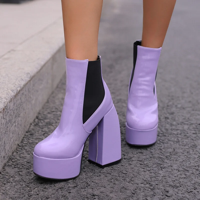 2023 Elastic Lacquer Leather Ankle Short Boots Candy Color Waterproof Platform 14cm Thick Heel Women\'s Stage Performance Boots