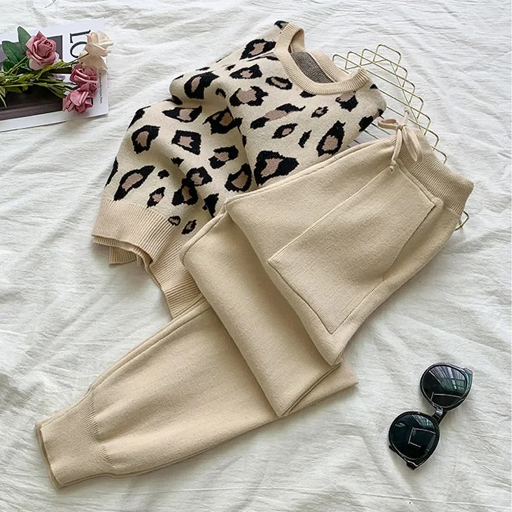 Women\'s Long Sleeve Knit Leopard Pullover Sweaters and Elastic Waist Pants Sets Fashion Trousers Two Pieces Costumes Outfi