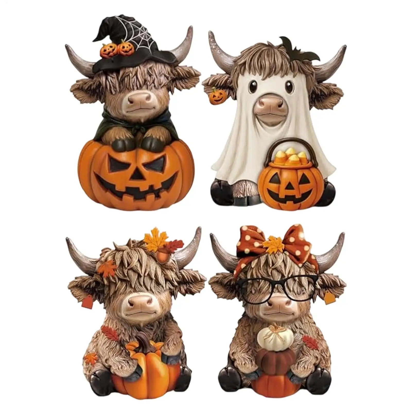 Cow Figurine 2 Piece Halloween Pumpkin Design Farmhouse Fall Sculpture Cow Halloween Decoration for Calf Lovers Thanksgiving
