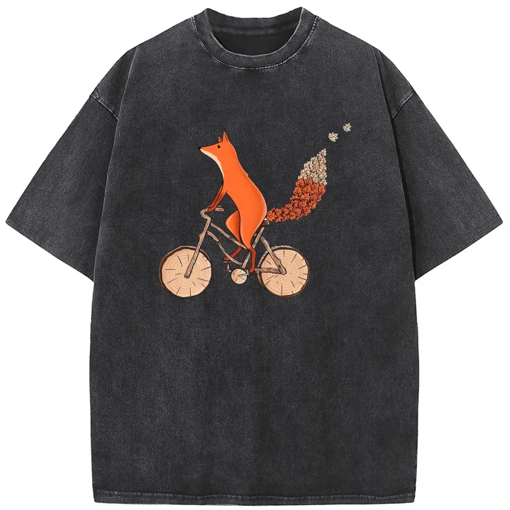 Fox Bicycle Men's Washed T-Shirt Summer Cotton Bleached Tshirt Tops Vintage Loose Casual Tees Fashion Loose Bleach T shirt