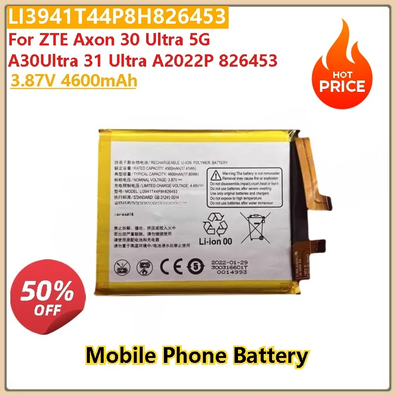 

100% New High Quality 3.87V 4600mAh Phone Battery LI3941T44P8H826453 For ZTE Axon 30 Ultra 5G A30Ultra 31 Ultra A2022P 826453