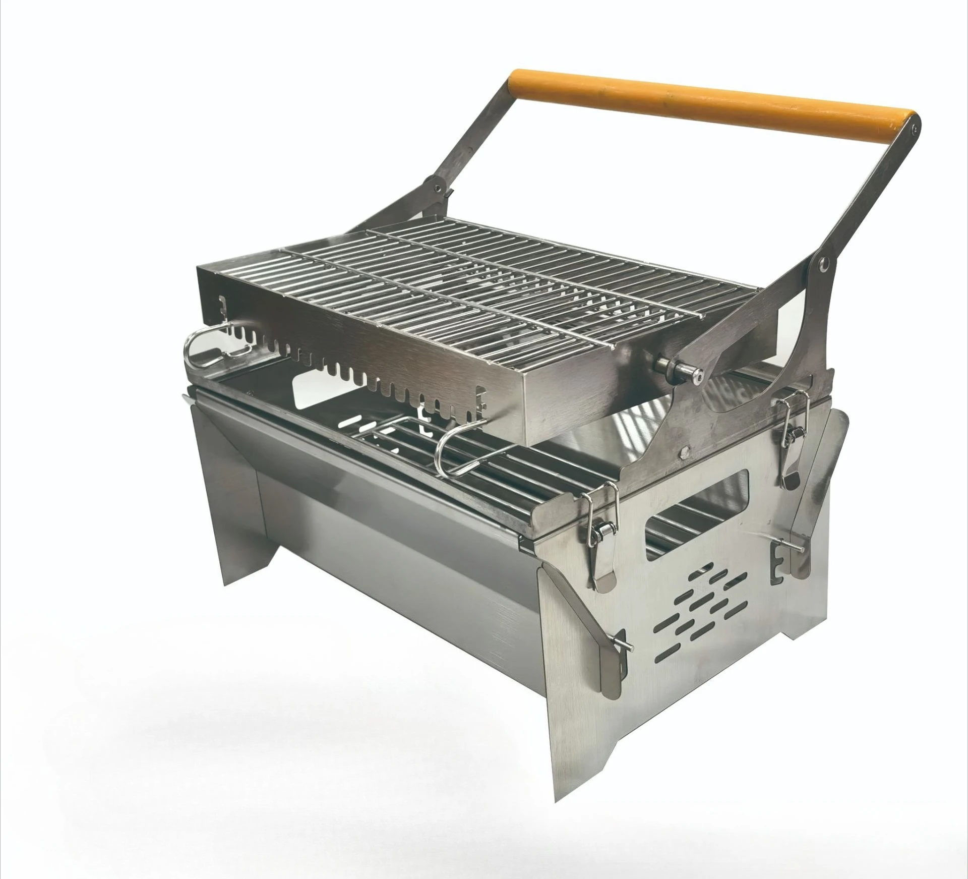 

Custom Portable Outdoor Camping Fire Pit Stainless Steel Flip BBQ Charcoal Grill With Rotating Basket Net