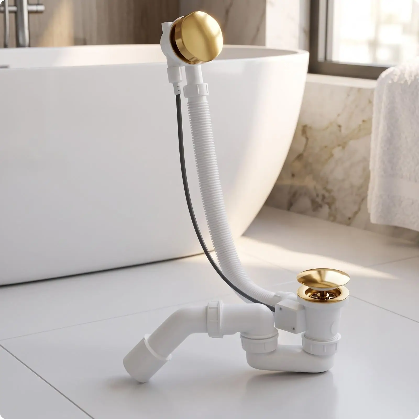 Bathtub Drain with Overflow Hose White Bathtub Waste and Overflow Assembly Plumbing Fixture Copper-Based Universal Fit