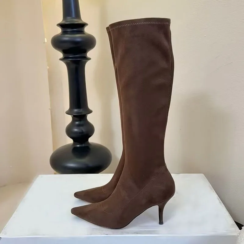 

New Pointed Toe Cow Suede Elasticity Mid-Calf Boots Women Skinny Retro Thin Heels Short Botas Spring Autumn Fashion Modern Boots