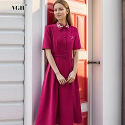 VGH Elegant Patchwork Diamonds Dresses For Women Lapel Short Sleeve High Waist Spliced Belt Temperament Slimming Dress Female