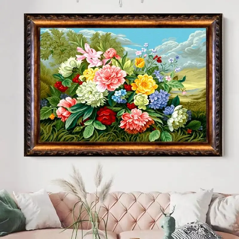 Handmade cross stitch finished product with beautiful mountain flowers blooming, rich and noble flowers, embroidered decorative