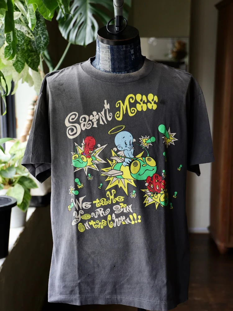 

American Streetwear SAINT Little Devil Bee Color Blo Heavyweight Waed Vintage round Ne ort Sve Men's T-irt