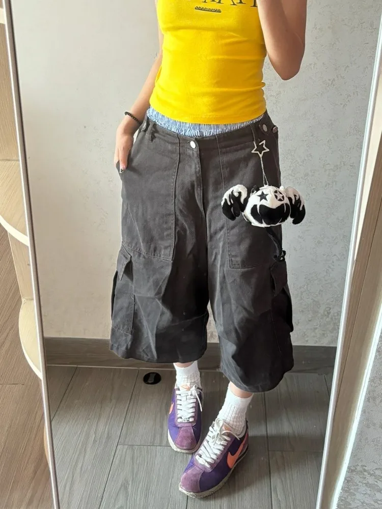 شورت أمريكي عالي الشارع للنساء صيفي بجيوب متعددة، سروال عتيق بطول الساق يناسب الجميع، سروال فضفاض واسع الساق