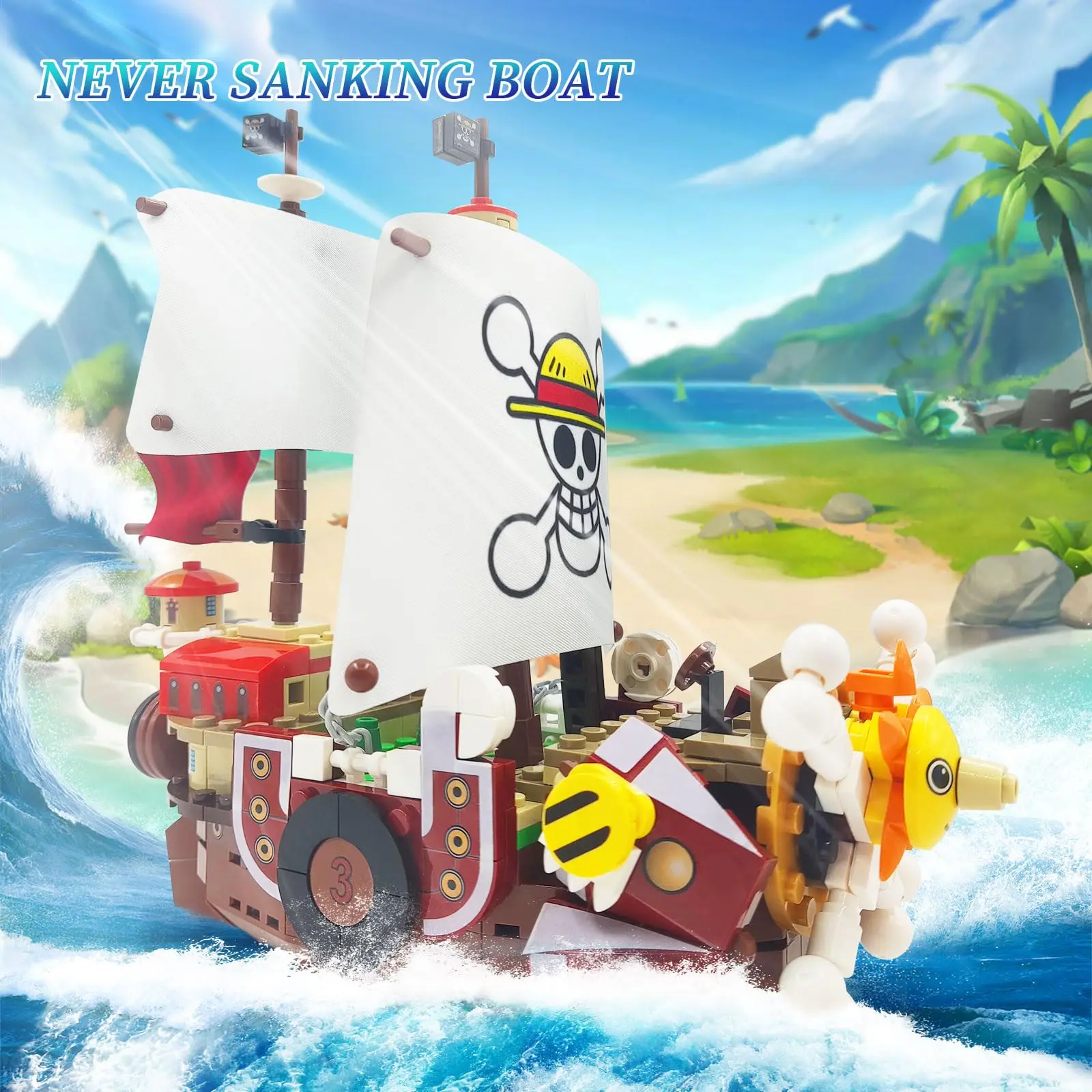 468PCS Anime Thousand Sunny Ship Building Block Model MOC Pirate Boat Building Set With LED Light and 9 Figures Gift for Kid Toy