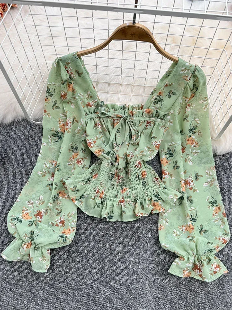 Women Spring Korean Version Of The Retro Square Neck Puff Sleeve Lotus Leaf Floral Chiffon Short Blouse Tops Female D0749