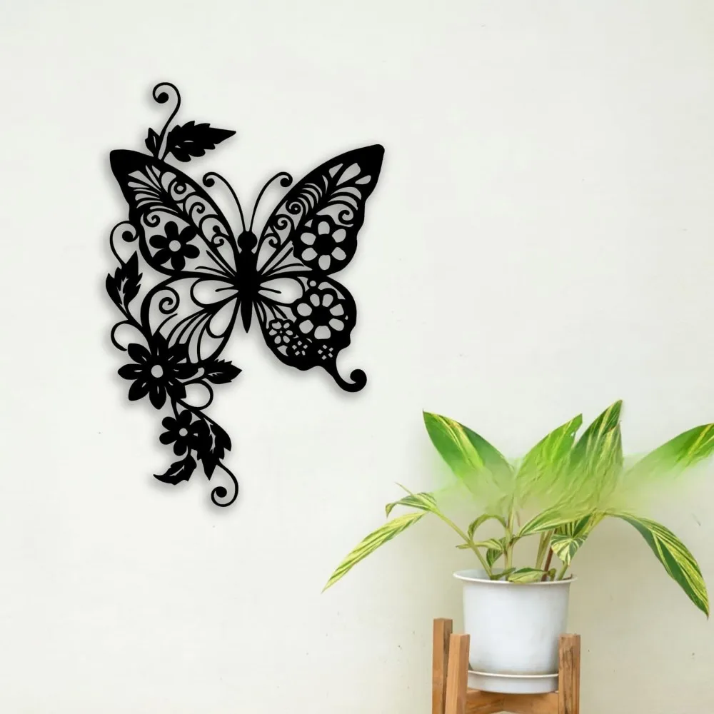 CIFBUY Butterfly Flower Metal Wall Art Elegant Black Decor Indoor Outdoor Hanging Ornament for Living Room Bedroom Garden
