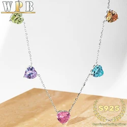 Genuine S925 Sterling Silver Necklace Multicolor Gemstone Heart Pendants & Cubic Zirconia Elegant Gift for Women Girlfriend, Mom