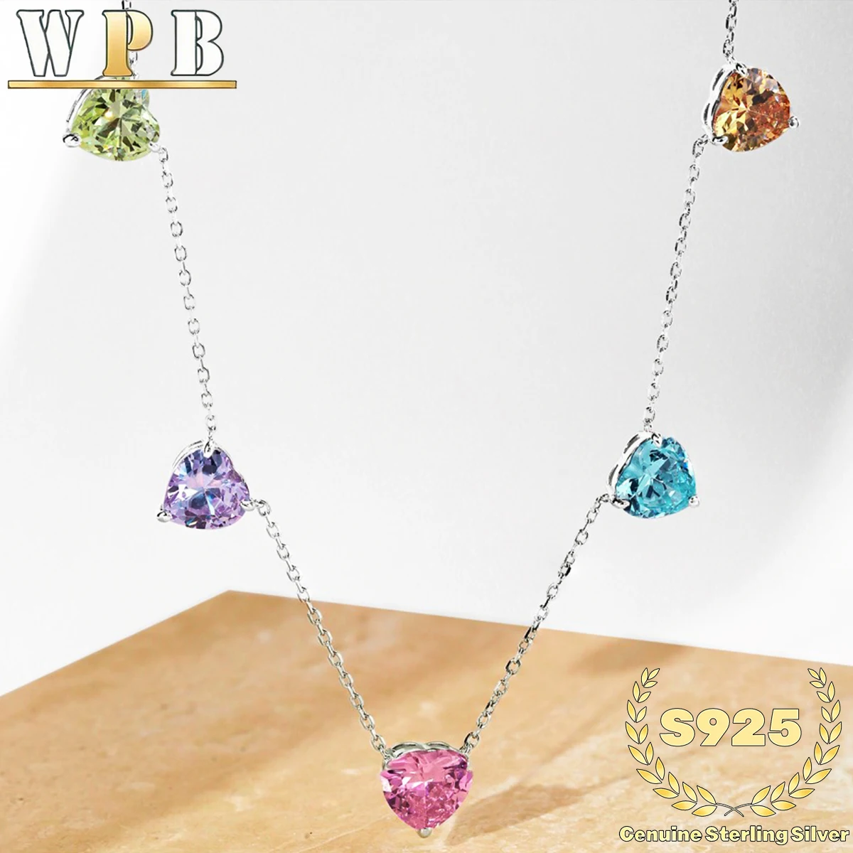 Genuine S925 Sterling Silver Necklace Multicolor Gemstone Heart Pendants & Cubic Zirconia Elegant Gift for Women Girlfriend, Mom