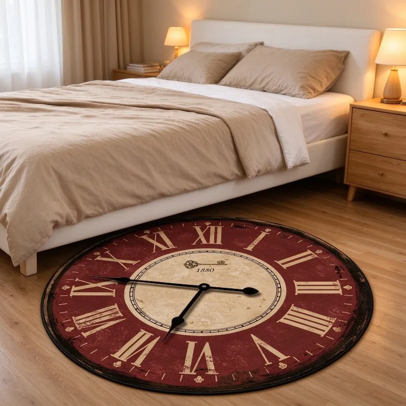 Vintage Round Clock Pattern Rug Roman Numeral Print Floor Mat Decorative Circular Bedroom Living Room Indoor Home Decor Carpet