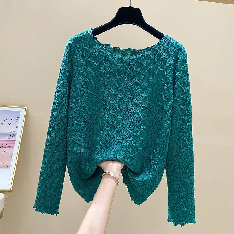 

plus Size Women's Blue Lace round Neck Long Sleeve Casual Slimming T-Shirt Base Shirt Trendy Autumn New Style Sweet Style