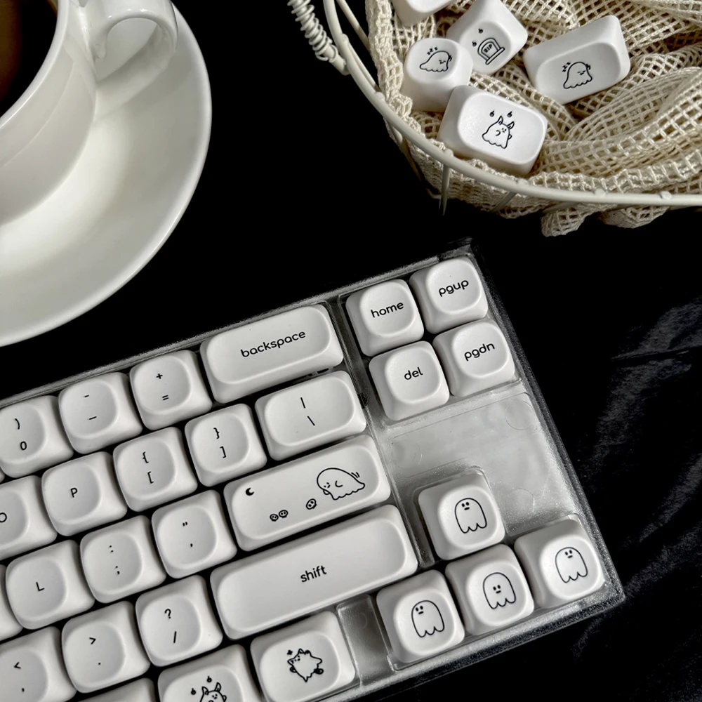 Cute Ghost Pattern PBT Keycaps MOA Profile White Key Caps DIY Custom Keycap Set for Gaming Mechanical Keyboard 61 68 87 98 108