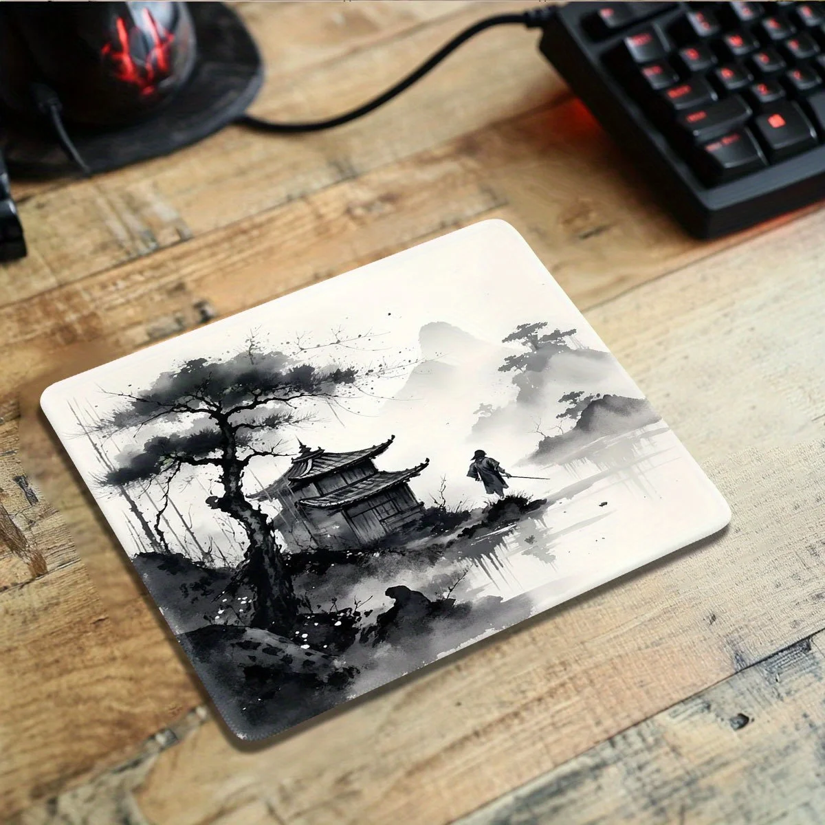 Landscape Painting Mouse Pad, Scenic Desk Mat, Small Size Pagoda Mountain Range Design, Desktop Mouse Pad
