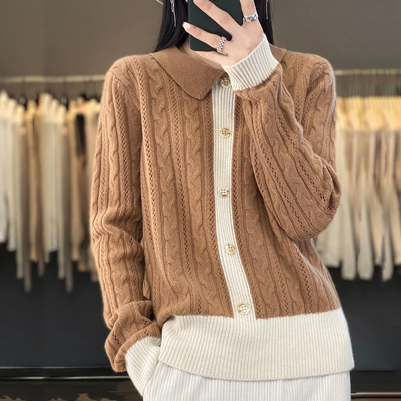 

New Spring and Autumn Thick Sweater Women's 100% Merino Wool Cardigan O-Neck Long Sleeve Twisted Warm Cashmere Knit Top