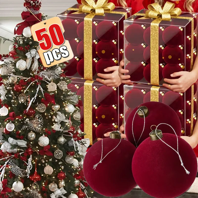 Velvet Christmas Tree Balls Plastic Shatterproof Christmas Flocked Ornaments Ball Xmas Tree Pendant Holiday Party Decorations