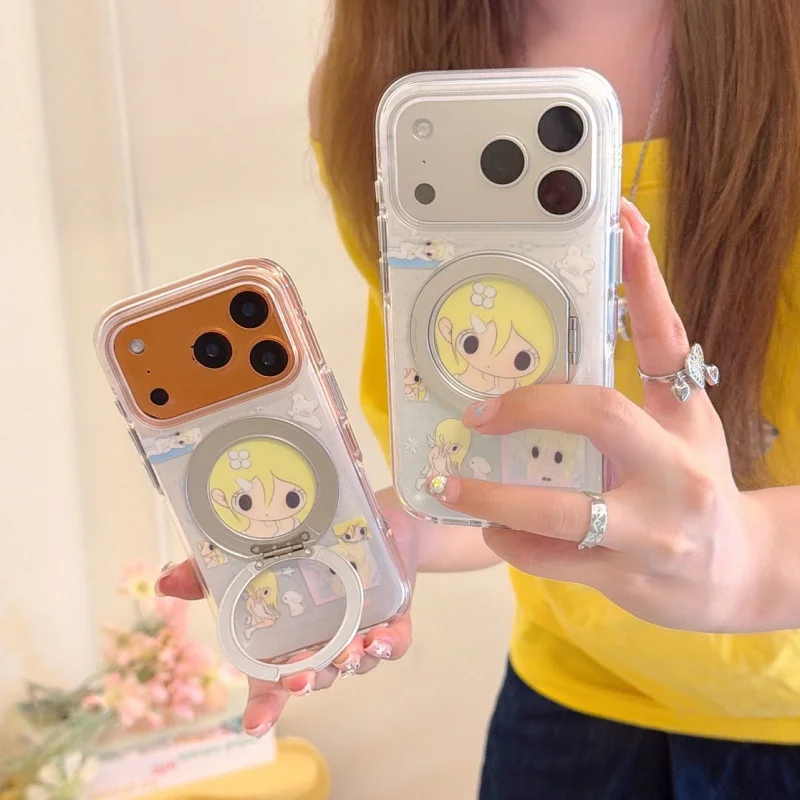 

Kawaii Cartoon Flower Girl Phone Case For iPhone 17 Pro 16 15 Pro Max Cover with Stand Shockproof Protective Cases For Apple 16
