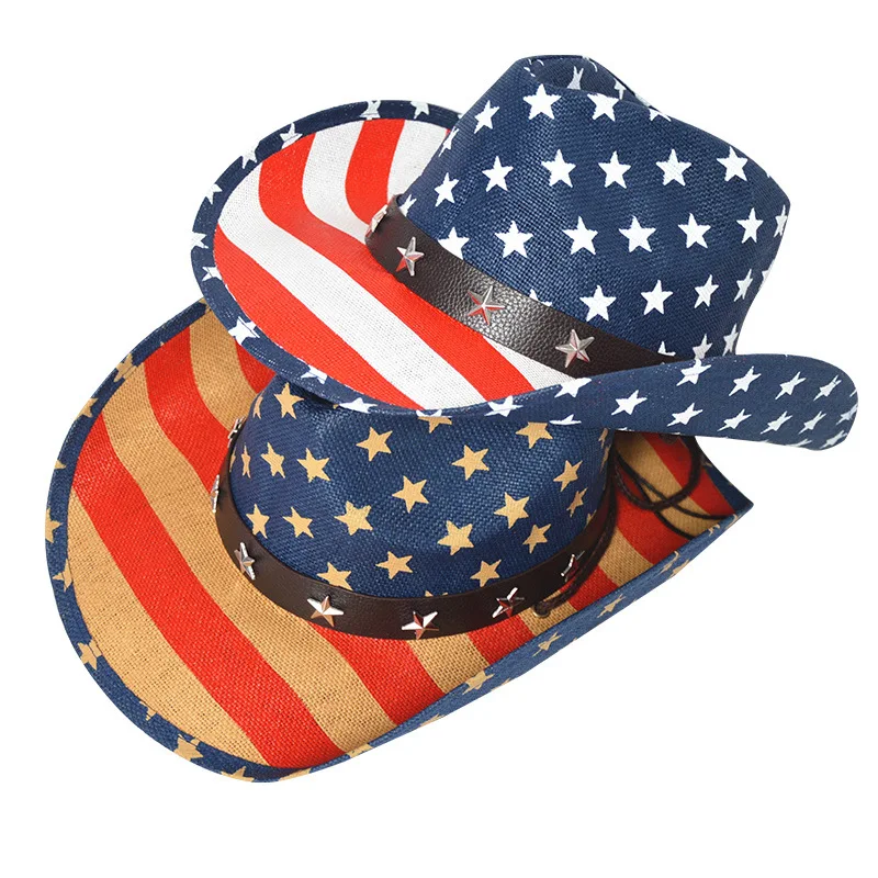 American Flag Western Panama Cowboy Hat Sailor Dance Bowler Hat Personalised Prairie Star Jazz Cap Biker Party Cap