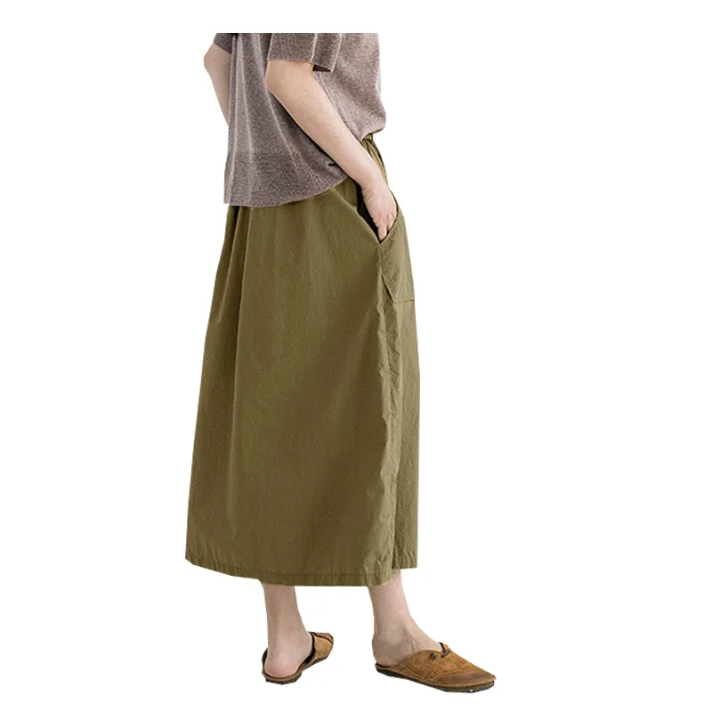 Linen Spring Summer Women's Half Skirt Black Elastic Waist Large Pockets Casual Comfortable Skirt loose Clothing for Young Girls