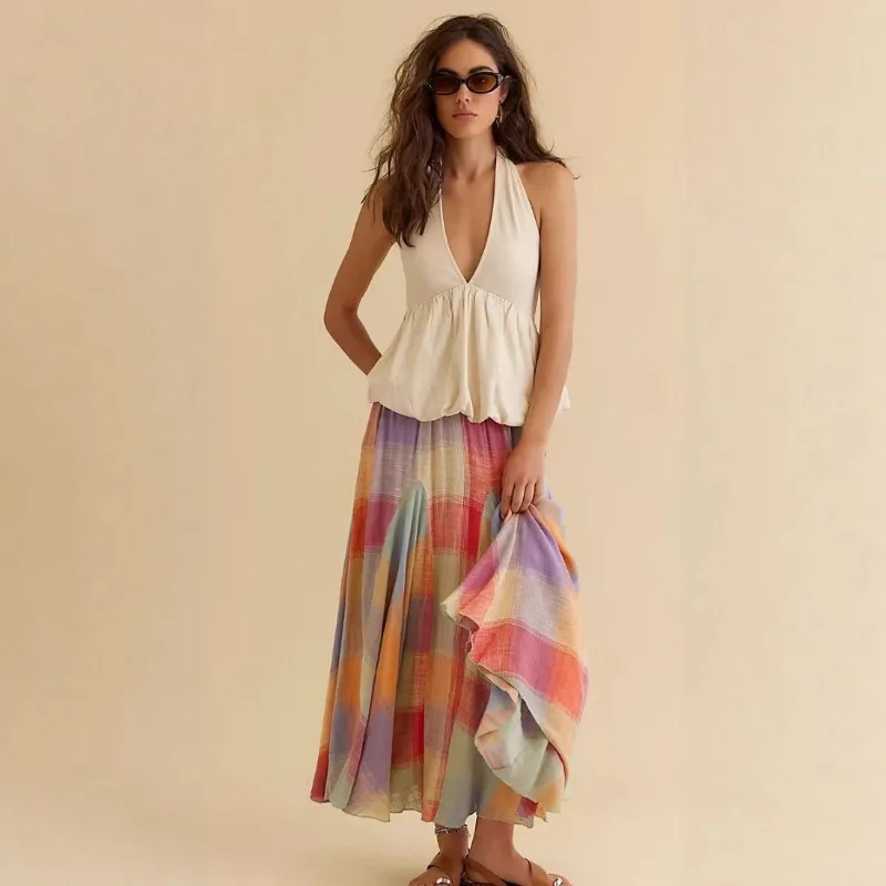 Elegant Women Colorful Plaid Pleated Skirt Y2K INS Mori Girl High Waist Loose Summer Vacation Holiday Long Skirt Streetwear
