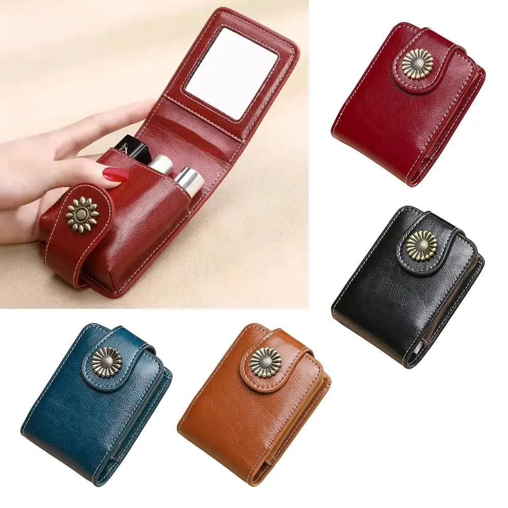 Portable Mini Makeup Bag PU Leather with Mirror Lipstick Packet Cosmetic Accessories Vintage Storage Pouch for Women Girls