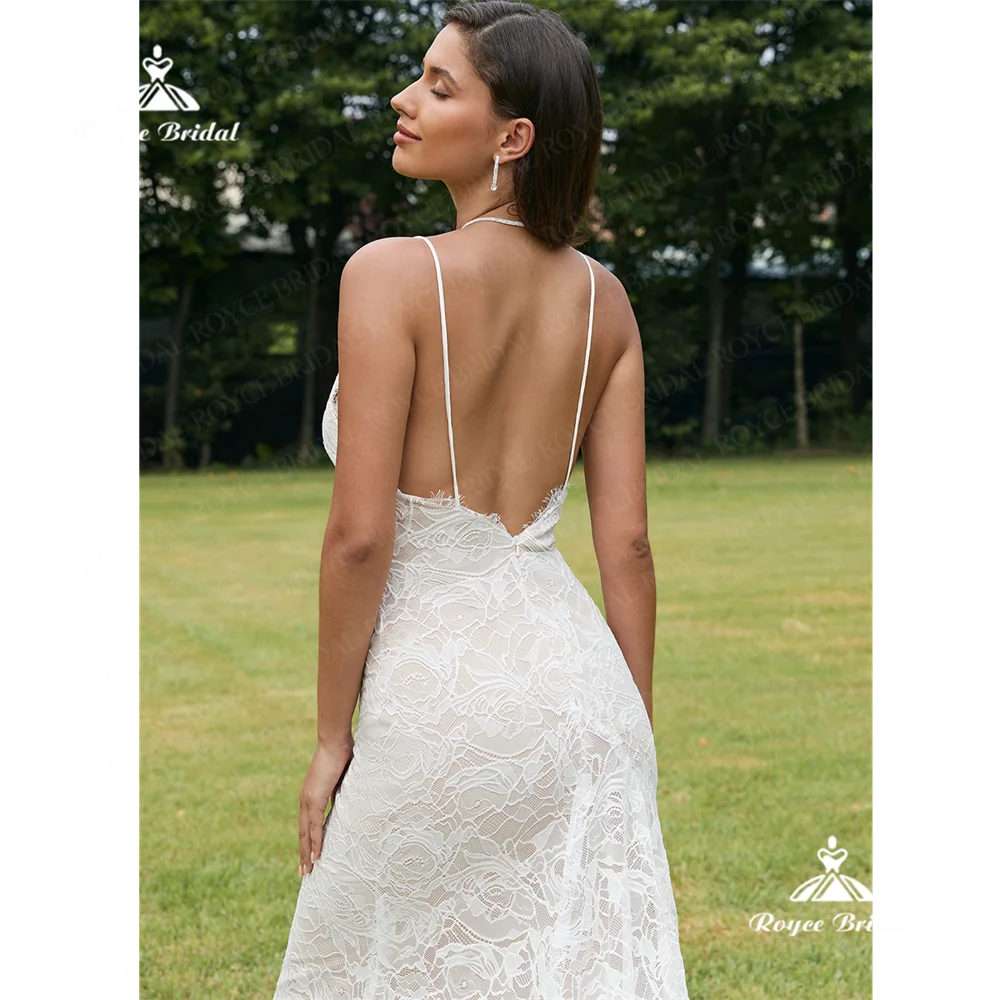 Roycebridal-vestido de novia de sirena con cuello en V, traje de encaje con cola de la capilla, elegante, 2025