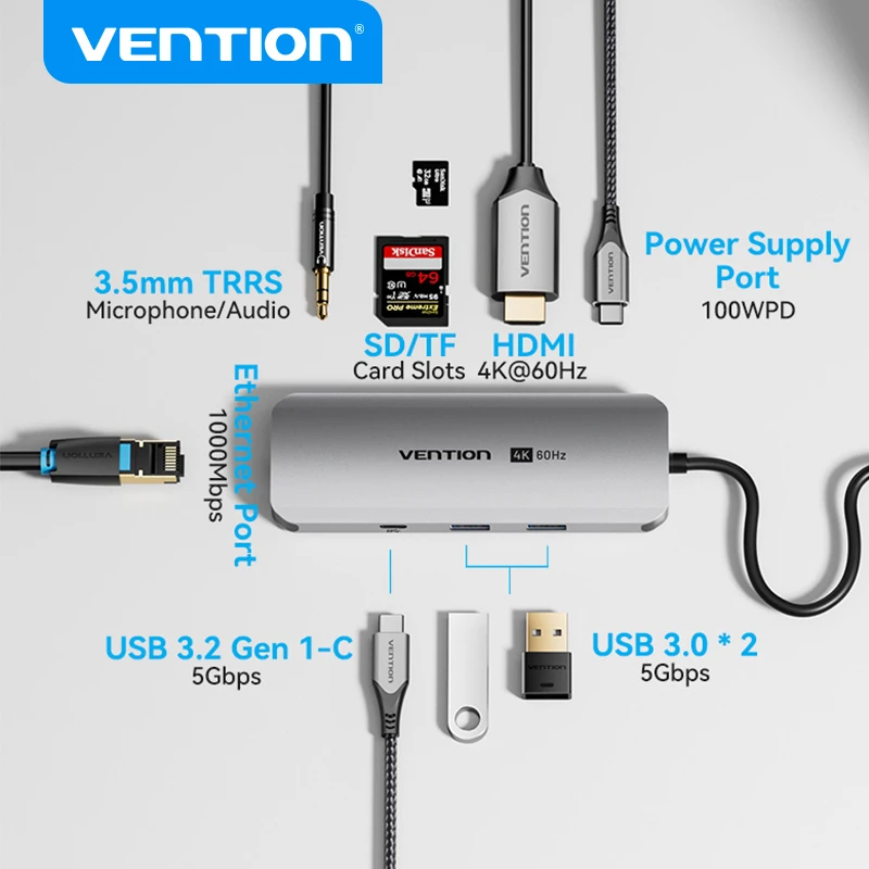 

Vention USB C HUB Type C to HDMI 4K60Hz RJ45 Adapter PD100W Docking Station for Macbook Air M2 M1 PC Accessories USB 3.0 HUB
