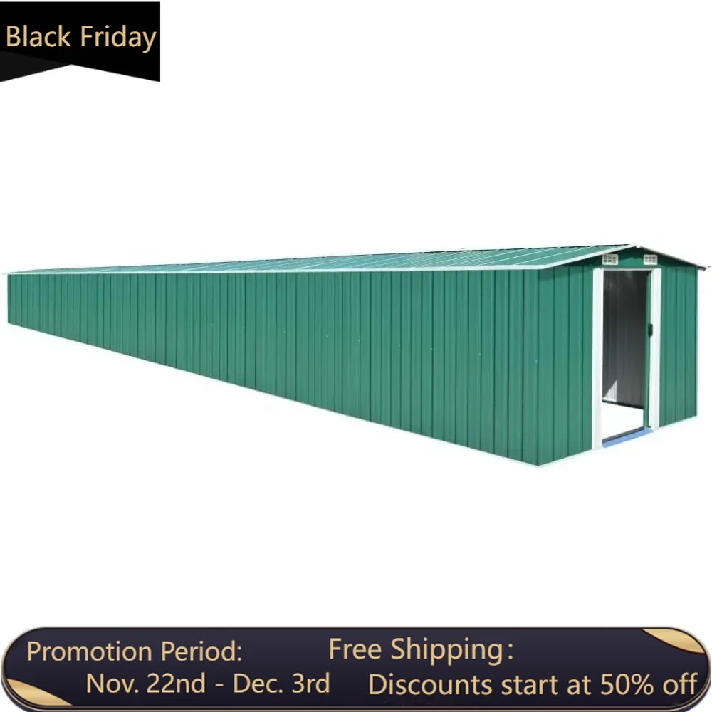 

Outdoor storage shed, tool garden sliding door metal shed, galvanized steel tool shed，101.2"x389.8"x71.3"(WxDxH)