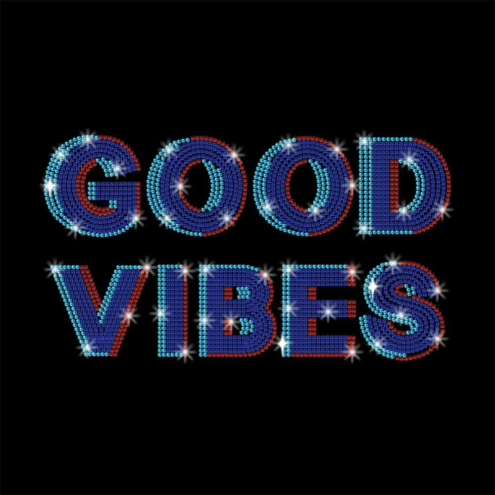 

1 Pc Good Vibes Word Rhinestone Iron on Hotfix Transfer Decal, Bling DIY Patch Clothing Repair Applique T-Shirt Vest Shoes