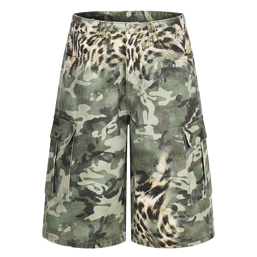Men’s Camo Leopard Print Denim Shorts Vintage Streetwear Y2K Camouflage Bermuda Jorts Baggy Multi Pockets Cargo Jeans