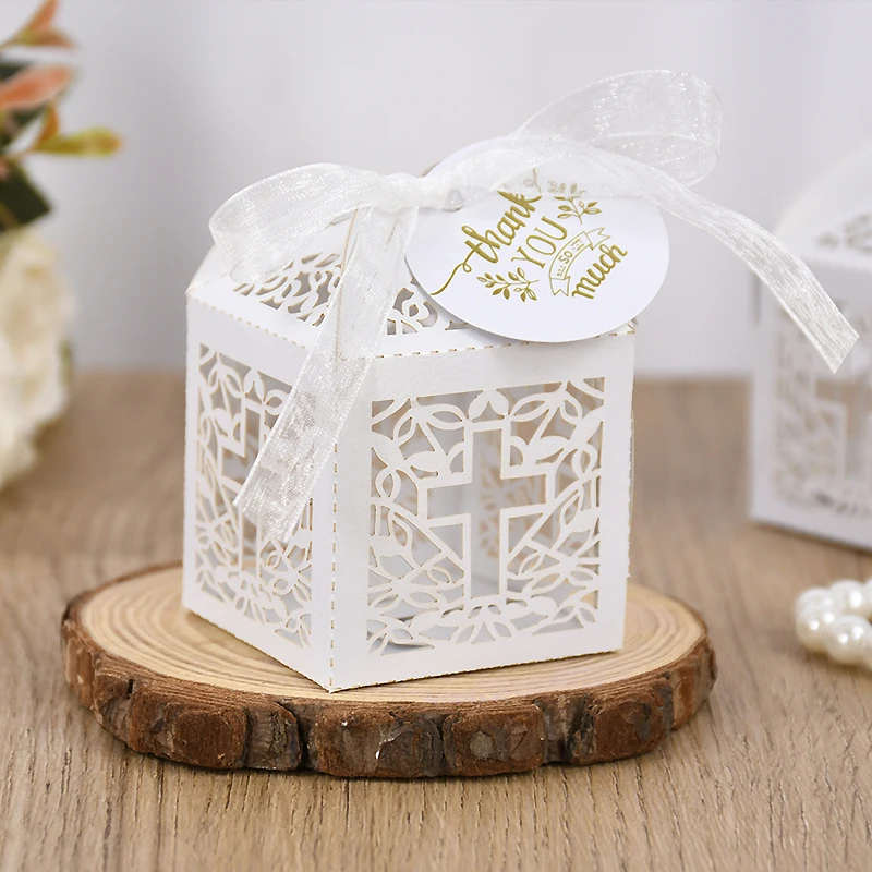 20/50pcs Christening Favors Candy Box Gift Packaging Box With Thank You Tag Kids Birthday Party First Communion Baptism Supplies