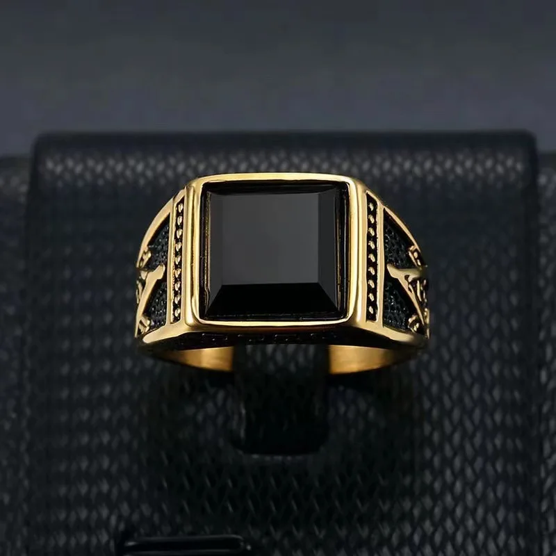 PSJ Fashion Jewelry AG Freemasonry 14MM Vintage Black Onyx Inlay Gold Plated Titanium Stainless Steel Finger Rings for Men